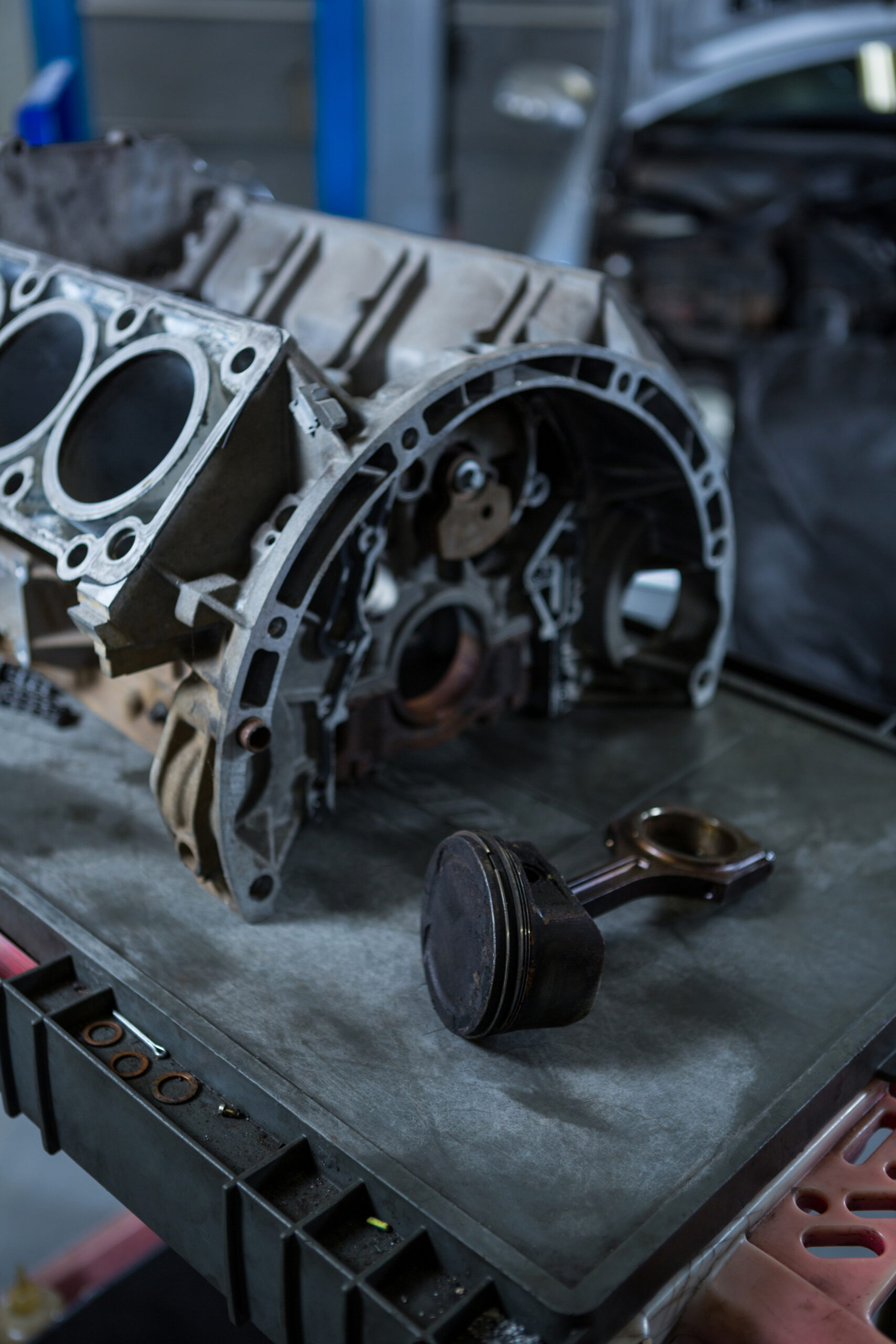 Close-up of car engine at repair garage